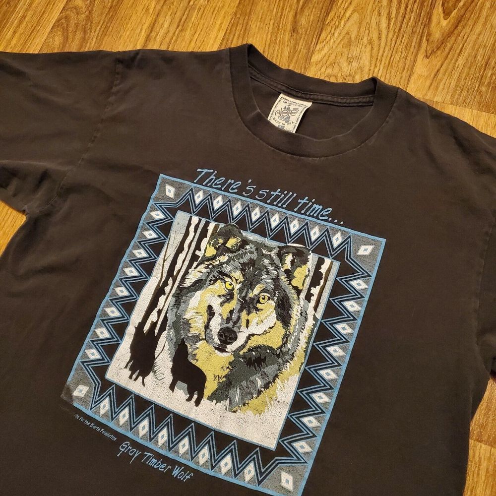 Vintage 90s Wolf Shirt Adult Large Black Race To Rescue Alore‎ 1994 SS